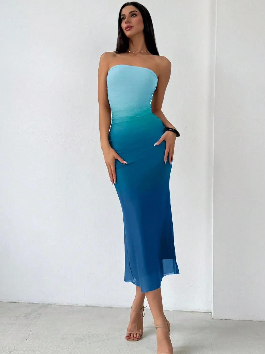 Women's Summer Dress Gradient Strapless Tube Dress Bodycon Long Dress Side Slit Mesh Layered