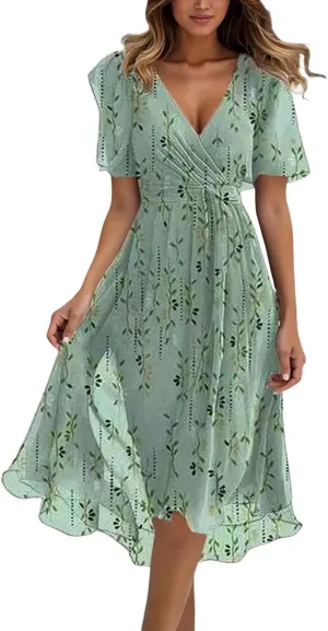 Women's Summer Wrap Maxi Dress Casual Boho Floral V Neck Short Sleeve Dress Flowy Beach Long Dresses Beach Sundress
