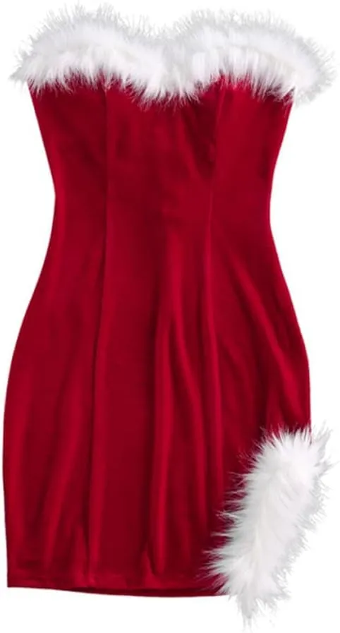 ZAFUL Women's Sexy Off Shoulder Velvet Back Lace Up Vintage Christmas Strapless Party Bodycon Mini Dress